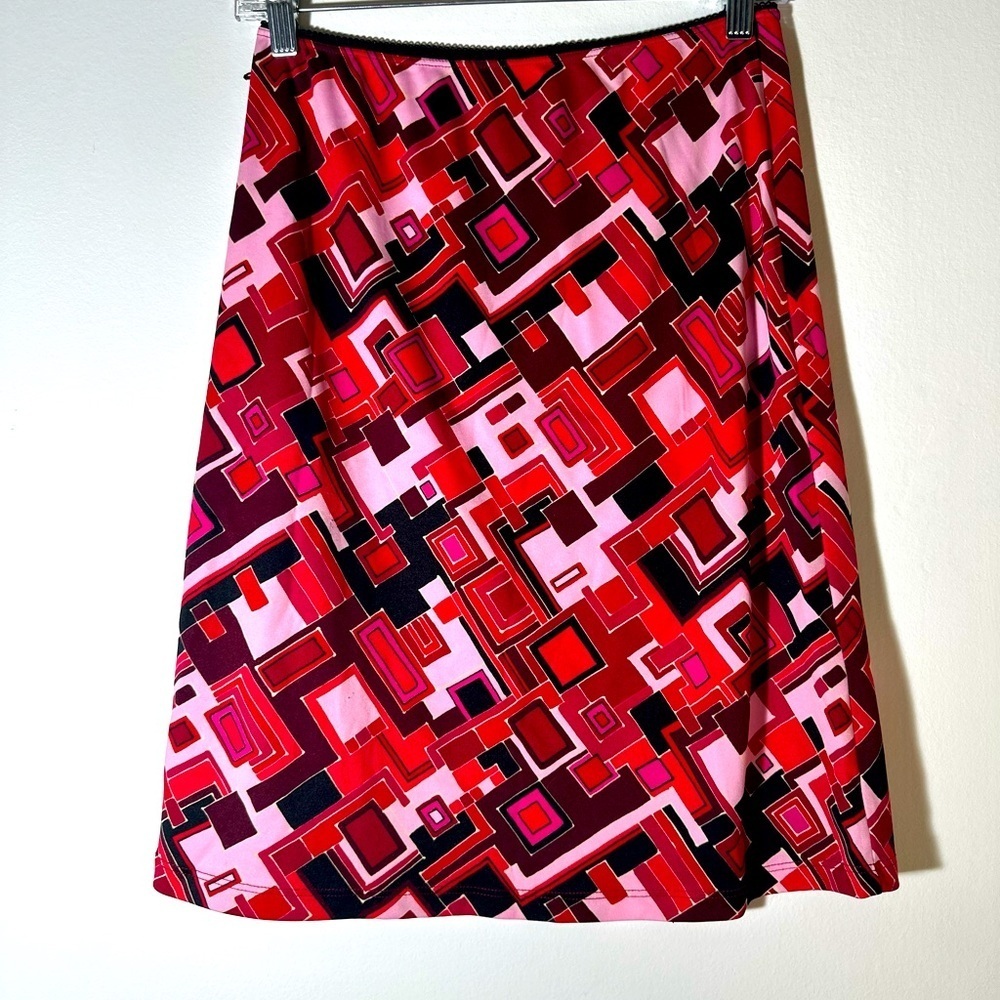 Paris Blues Asymmetrical Skirt in Red and Pink Geometric Pattern